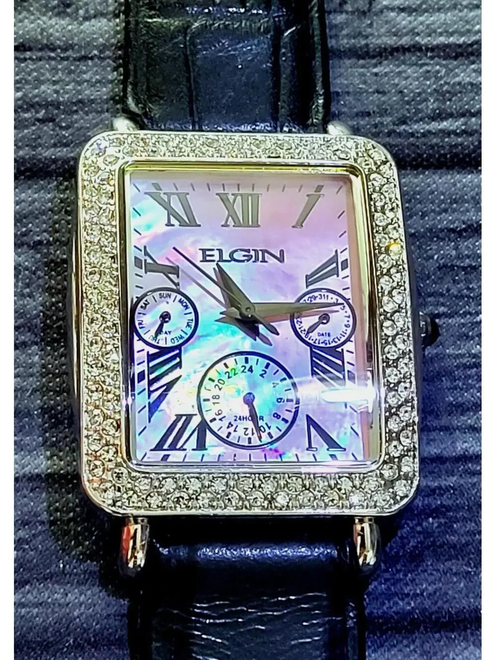 Rare Vintage Elgin Pink Abalone Dial Gem Bezel Dress Watch